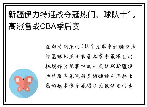 新疆伊力特迎战夺冠热门，球队士气高涨备战CBA季后赛