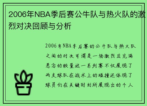 2006年NBA季后赛公牛队与热火队的激烈对决回顾与分析